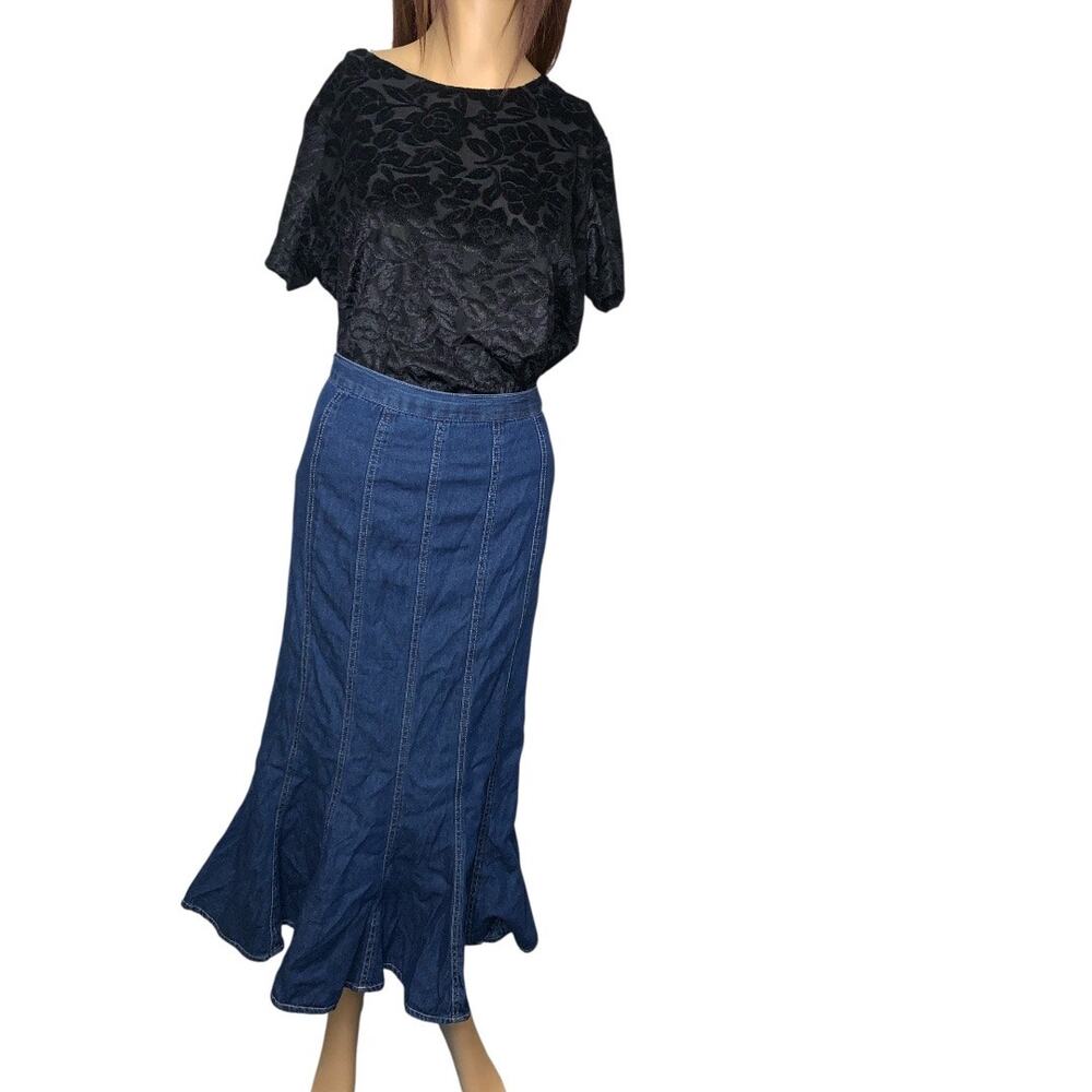 Studio West Apparel Denim Midi Skirt Elastic Waist Flare Hem Womens Blue M